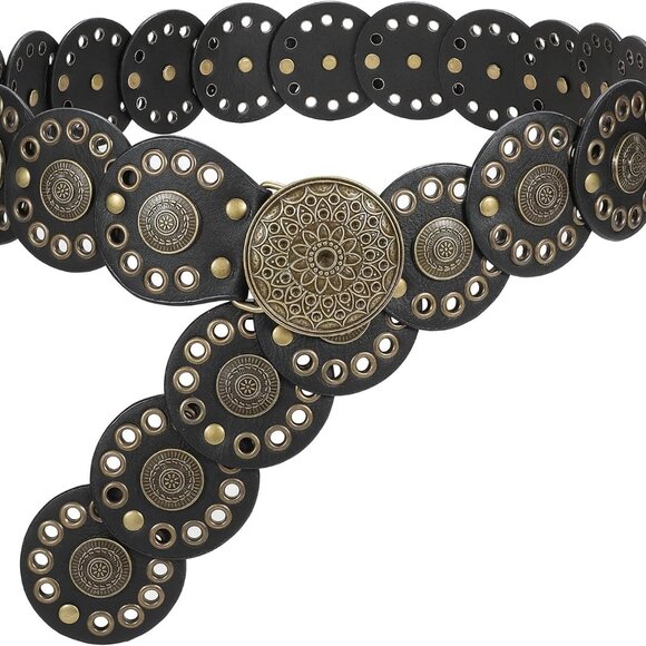 Western Belts for Women Vintage Disc Waist Belts Concho Leather Belts Boho Waist - Picture 1 of 7